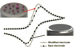 Vergleich von Cyclovoltammogrammen an nackten und modifizierten Elektroden (inkl. einer schematischen Darstellung der beiden Elektroden)