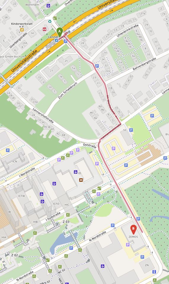 Geographical map showing the way from the subway station to the conference venue Geographical map (Lennershof - Zemos)